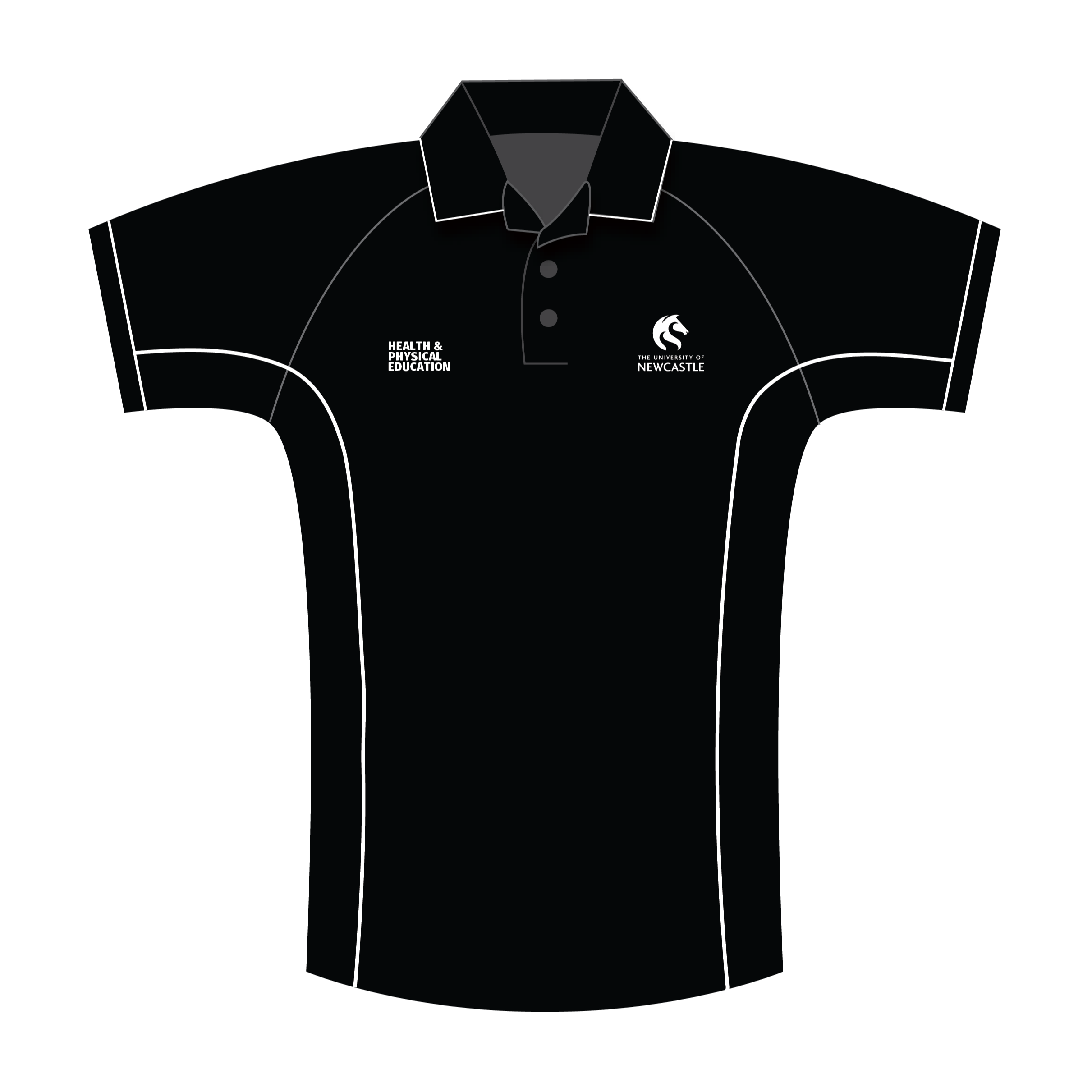 Health & Physical Education (HPE) Placement Polo Student Uniform. Image is of a black polo shirt with white piping. The polo shirt has the University of Newcastle logo embroidered on the left hand chest, and the text "Health & Physical Education" embroidered on the right hand chest.