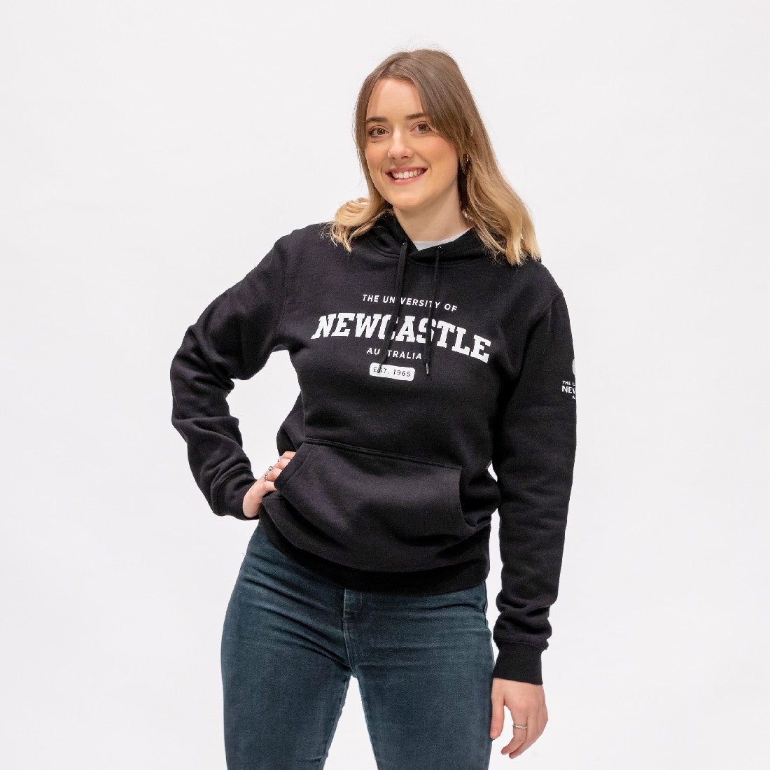 UNISEX VARSITY PRINT HOODIE - BLACK