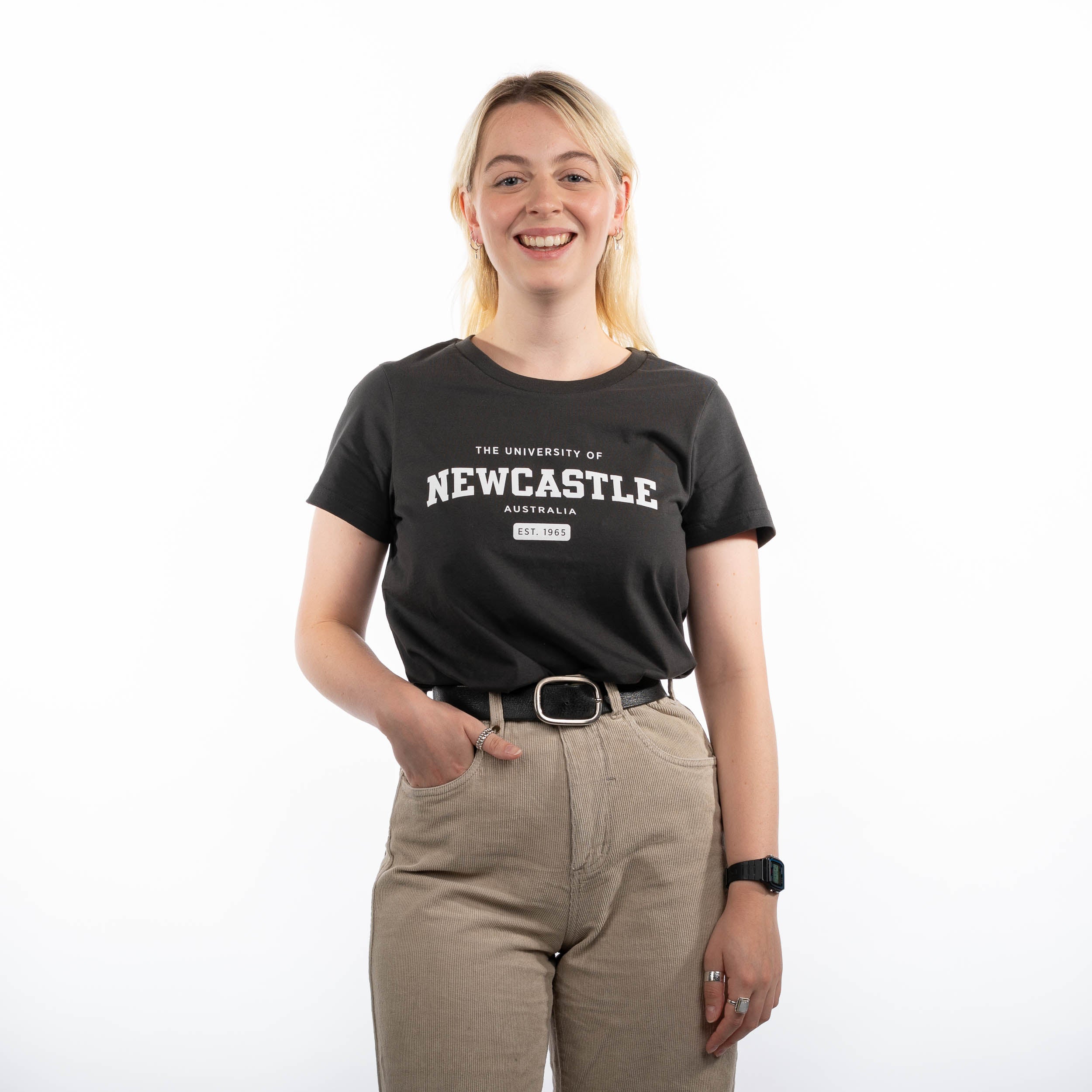 LADIES VARSITY PRINT TEE - COAL