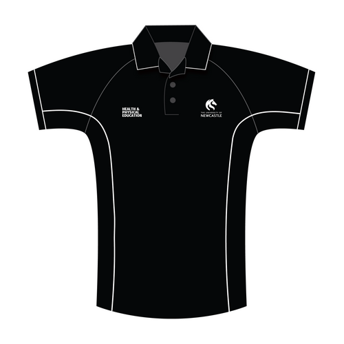 Health & Physical Education (HPE) Placement Polo Student Uniform. Image is of a black polo shirt with white piping. The polo shirt has the University of Newcastle logo embroidered on the left hand chest, and the text "Health & Physical Education" embroidered on the right hand chest. 